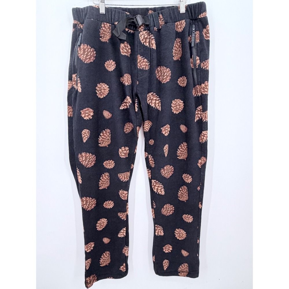 KAVU Teannaway Fleece Pants Mens XL Black Pinecone Print Belted Gorpcore